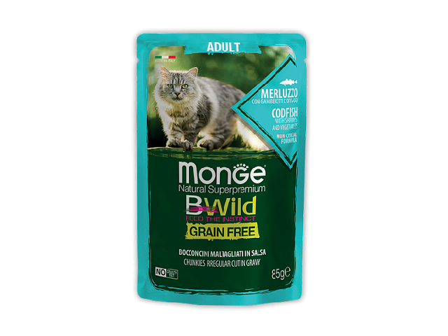 MONGE CAT WET BWild Cod Fish&Shrimp пауч, тріска з креветками, шматочки в соусі 85г