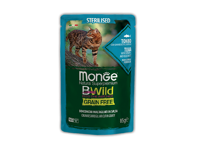 MONGE CAT WET BWild Sterilised Tuna&Shrimp пауч, тунeць та креветки, шматочки в соусі для стер-х 85г