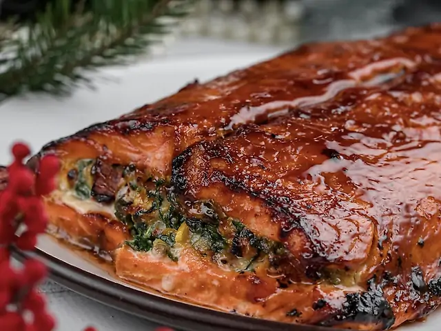 Лосось фарширований креветками, в'яленими томатами, шпинатом та пармезаном