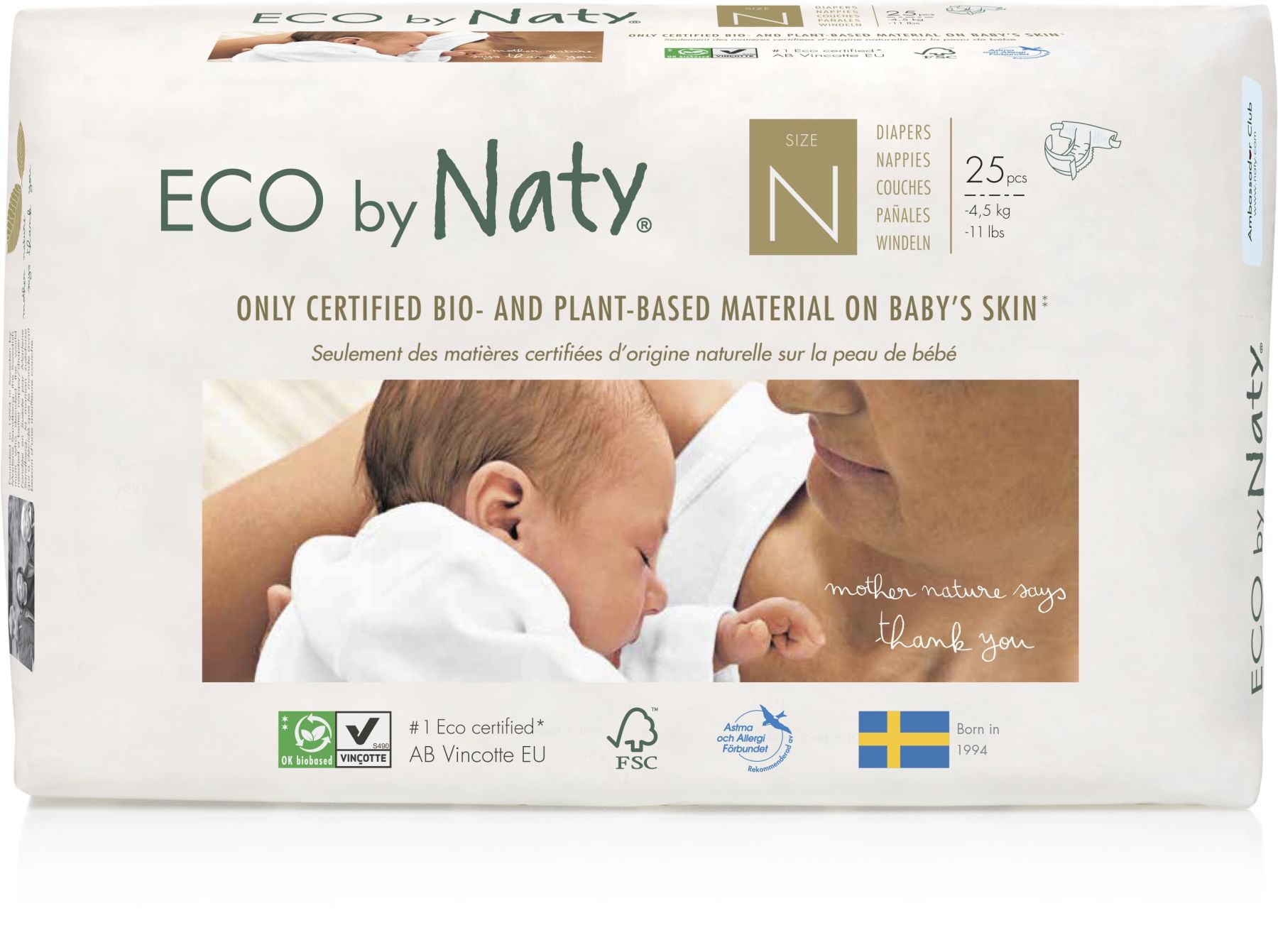 Одноразові дитячі підгузки "Eco By Naty" розмір New Born, 25 шт в упаковці