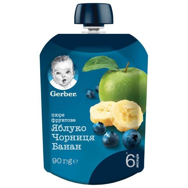 Фруктове пюре "Яблуко, чорниця та банан" 90 г пауч, Gerber