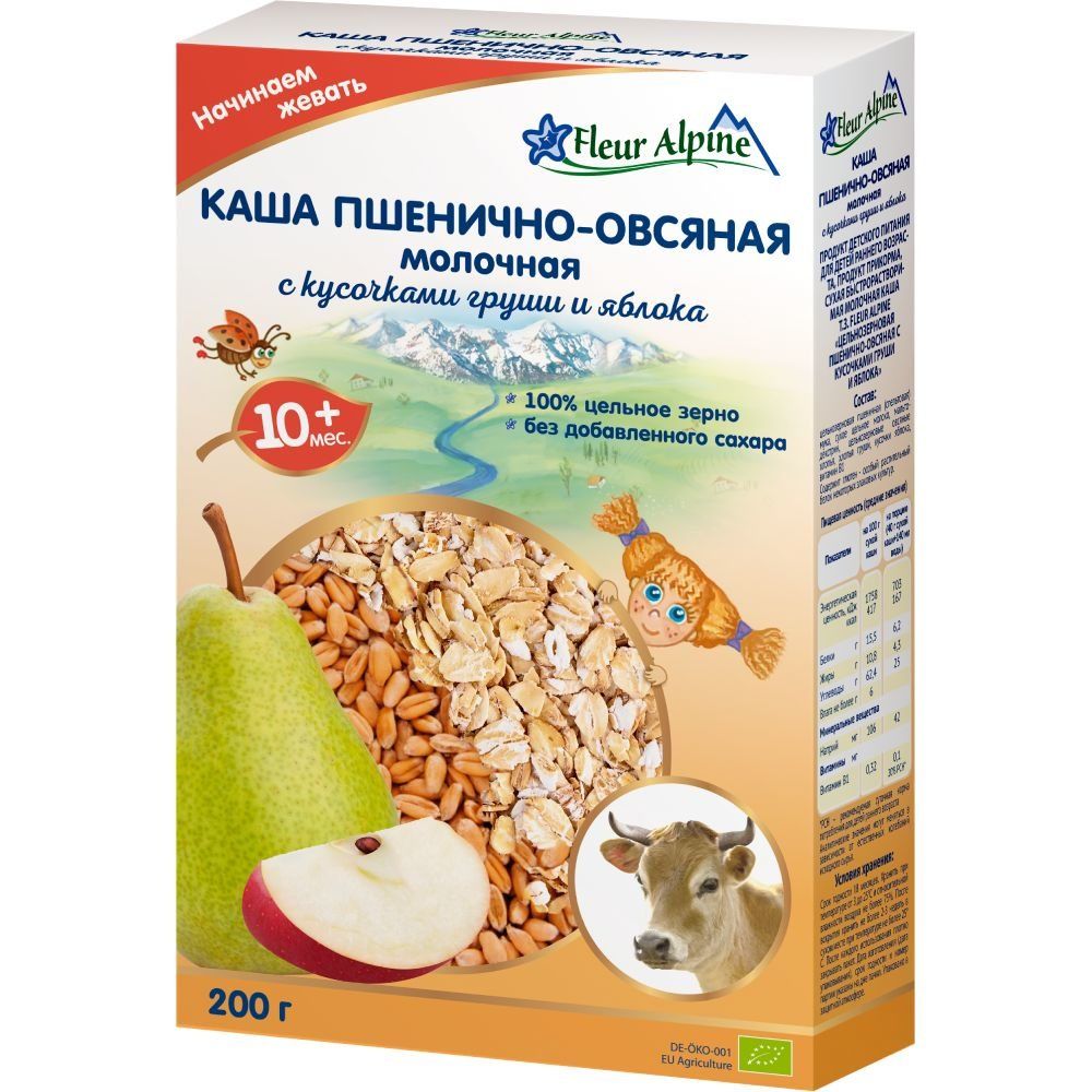 Дитяча молочна каша Fleur Alpine Organic "Пшенично-вівсяна зі шматочками груші та яблука" 200г