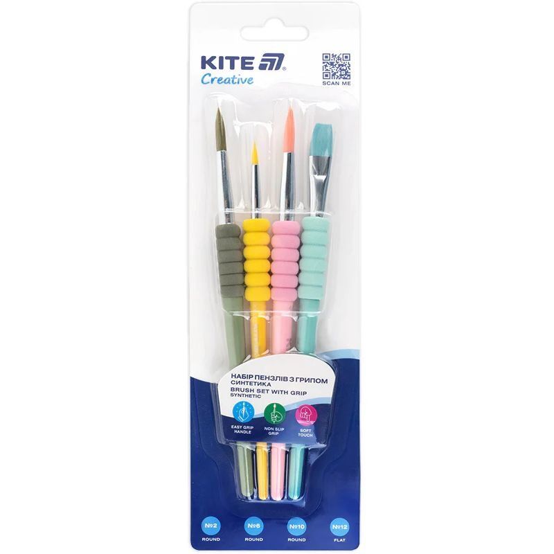 Набір із 4-x пензлів з грипом синтетика Kite Creative