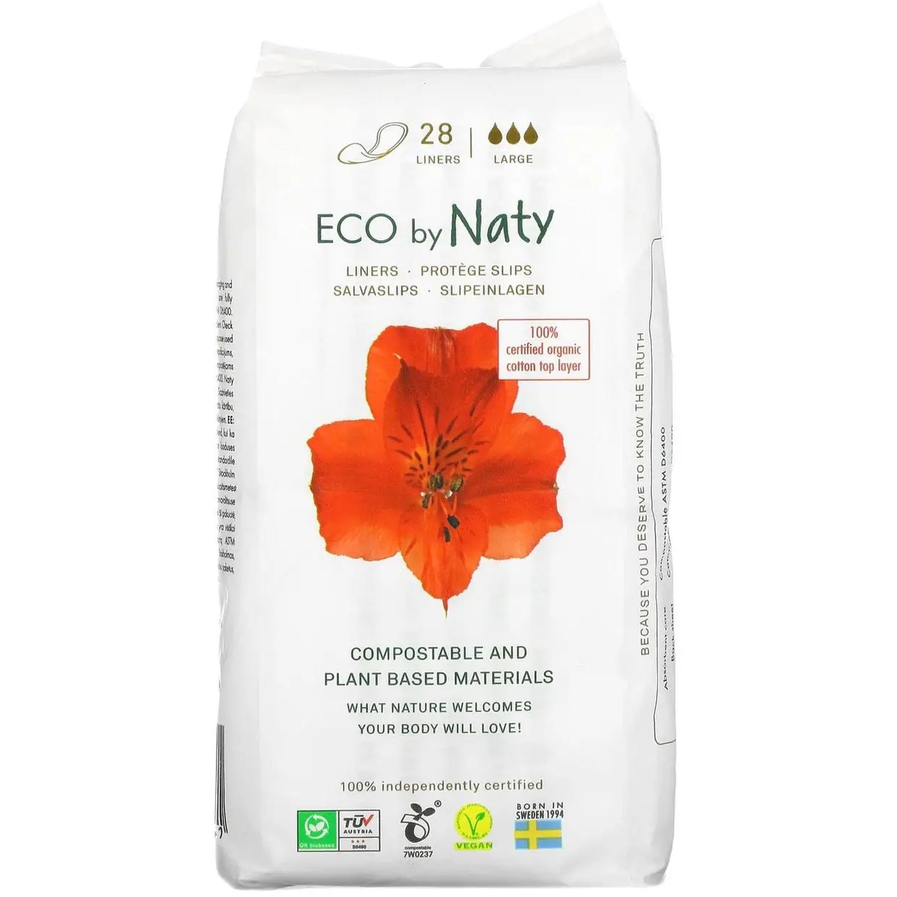 Одноразові щоденні гігієнічні жіночі прокладки "Eco By Naty" Large, 28 шт в упаковці