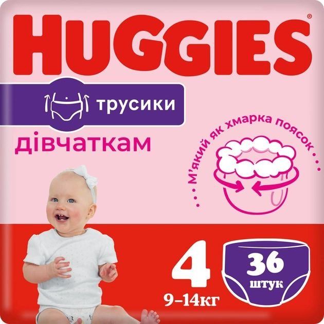 Підгузники-трусики Huggies "Pants 4" розмір для дівчаток 9-14 кг, 36 шт