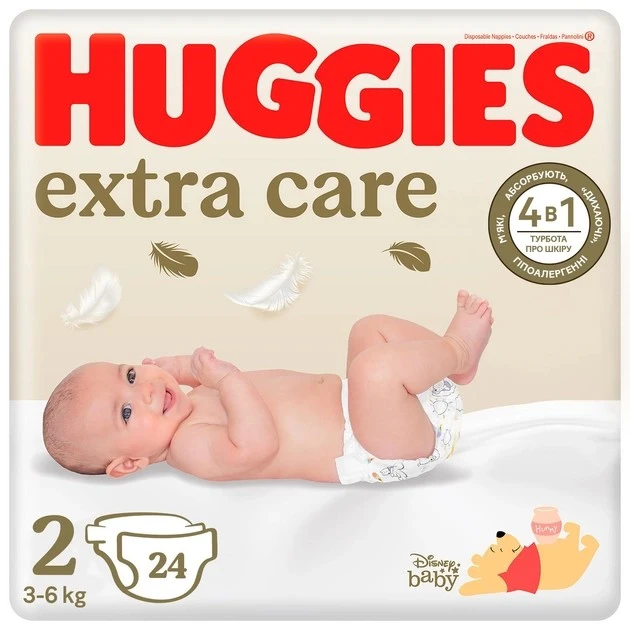 Підгузки для дітей 3-6 кг 2 Extra Care Huggies, 24 шт/уп.