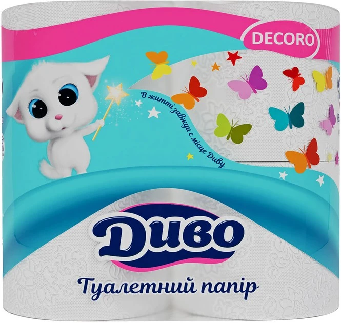 Туалетний папір бiлий двошаровий Диво.Decoro 4 шт/уп.