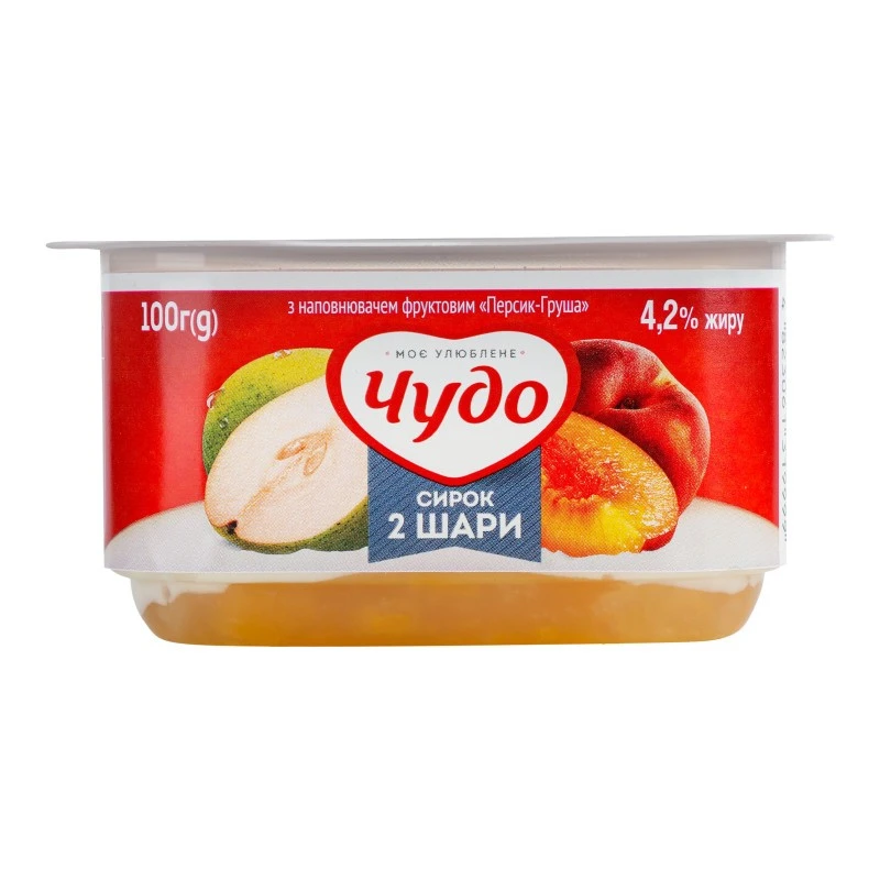 Сирок 4.2% двошаровий Персик-груша Чудо, 100 г