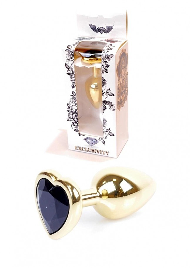 Анальна пробка з кристалом Jewellery Gold Heart Plug Black, стопер-серце, 7 х 2,7 см
