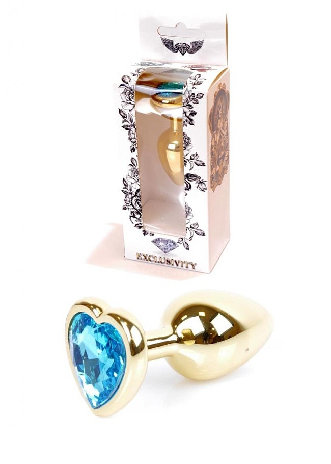 Анальна пробка Jewellery Gold Heart Plug Light Blue, стоппер-серце, 7 х 2,7 см