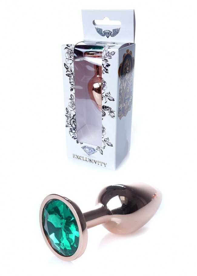 Металева анальна пробка Jewellery Red Gold Plug Green, смарагдовий кристал, 7 х 2,7 см