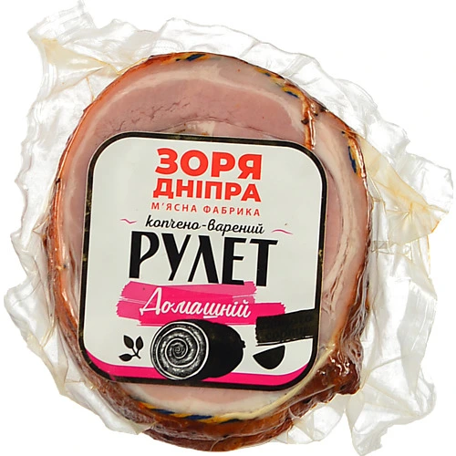 Рулет [Зоря Дніпраk [Домашнійk варено-копчений, вищий гатунок, вакуумна упаковка, порційний