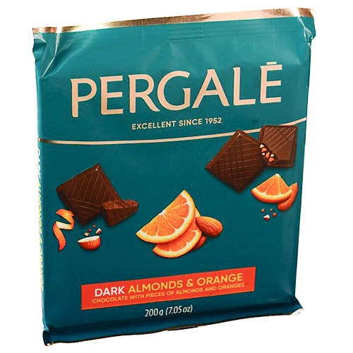 Шоколад Pergale 200гр темний з мигдалем та апельсином