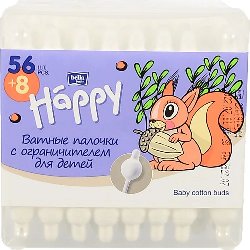 Палички ватні гiгiєнiчнi для дітей BELLA Baby Happy (56+8 шт.)