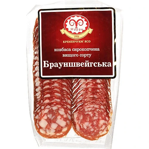 Ковбаса Фарро 80г брауншвейгська с.к в.с наріз. вак. уп.