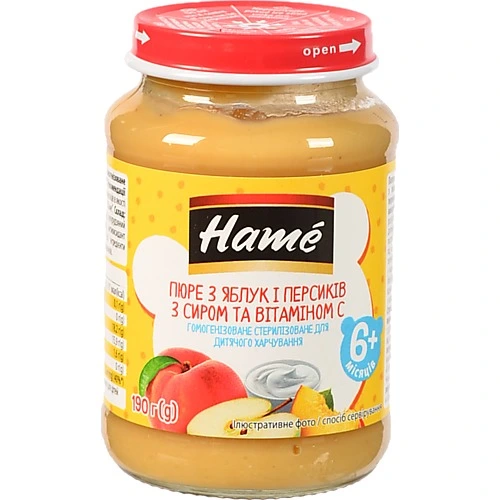 Пюре для дітей від 6міс з яблук і персиків з сиром та вітаміном С Hame с/б 190г