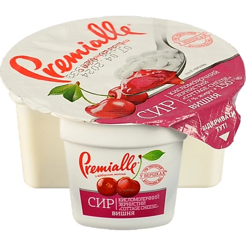 Сир Premialle 150г 7% зернистий вишня склянка