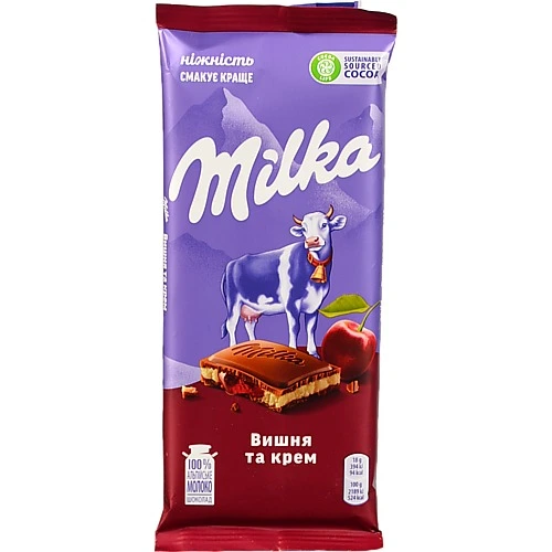 Шоколад Мілка 90г молочний вишнева начинка