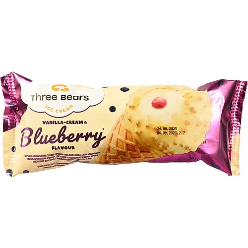 Морозиво Три ведмеді 70г vanilla-creаm blueberry глазур ваф.ріжок