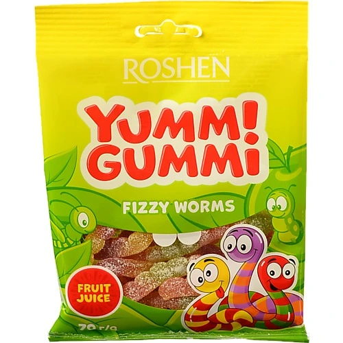 Цукерки Roshen 70г желейні yummi gummi fizzy worms