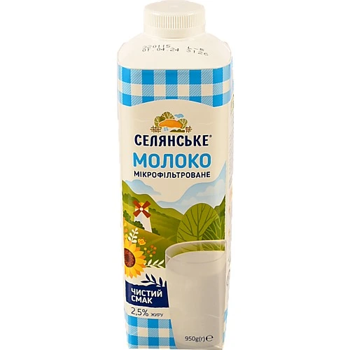 Молоко Селянське 950г 2.5% пастеризоване т.т.
